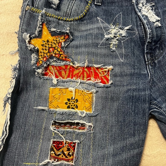 Upcycled One-Of-A-Kind Patchwork Denim Jorts with Star Patches - Picture 3 of 6